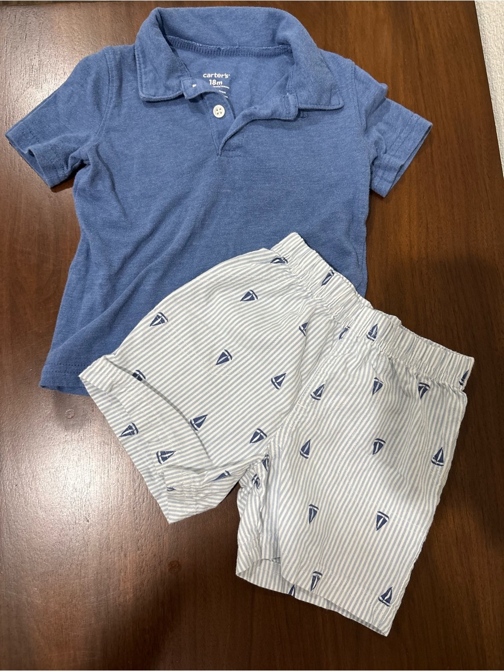 Carter's Blue Polo with White Striped Sailboat Shorts Set